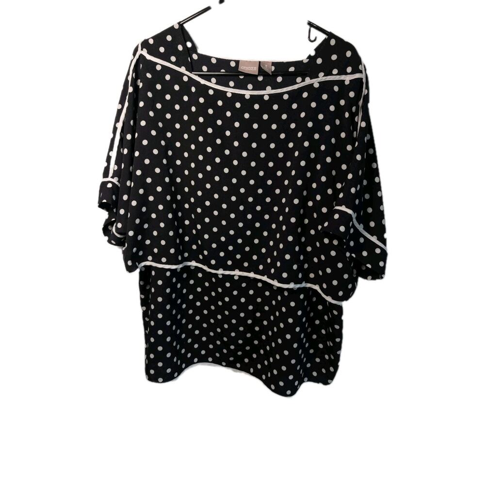Chico's Blouse Shirt Tunic Top Women Size XL Black White Polka Dot Layered Flowy